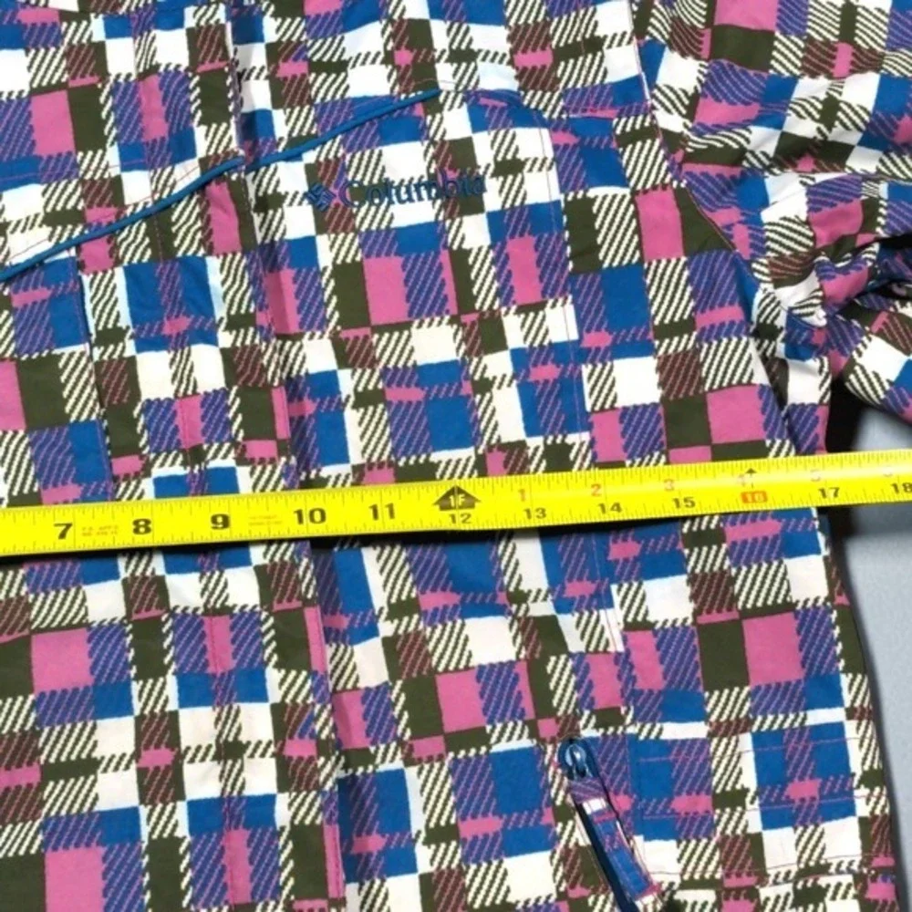 Columbia Youth Girls 10/12 Waterproof Rain Jacket Hooded Pink Blue Plaid SG 7424